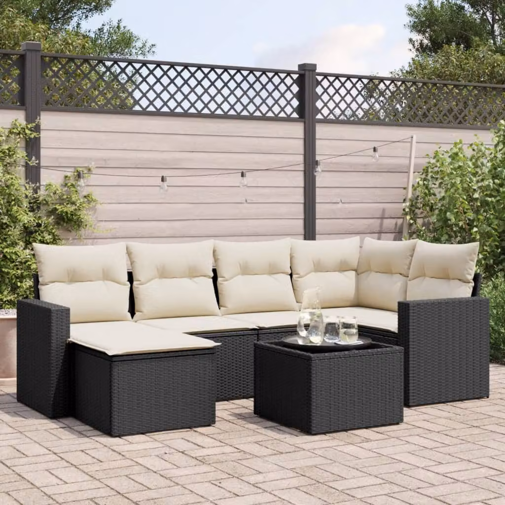 vidaXL Set Divano da Giardino a L con Cuscini 7pz Nero e Bianco con Tavolino e Pouf in Polyrattan e Acciaio – 1
