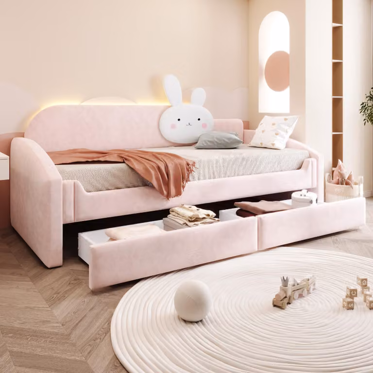 Divano letto Flieks 90x200 cm con 2 cassetti, lettino per bambini con cuscino a forma di coniglio, divano letto trasformabile con illuminazione LED e braccioli, in velluto, color rosa