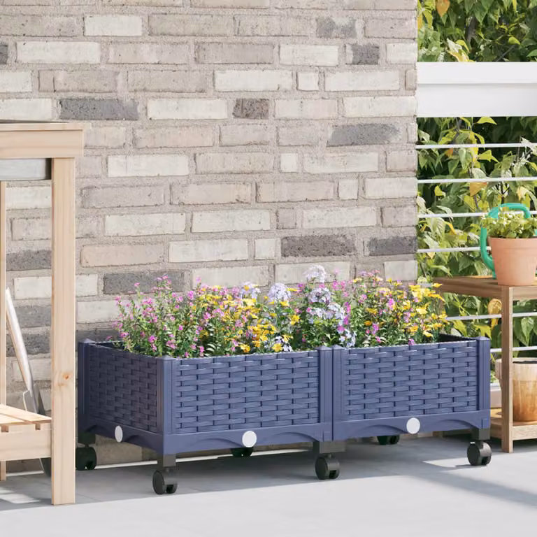 vidaXL Vaso da Giardino con Ruote in Plastica Blu e Grigio L: 80 cm, P: 40 cm, H: 29 cm