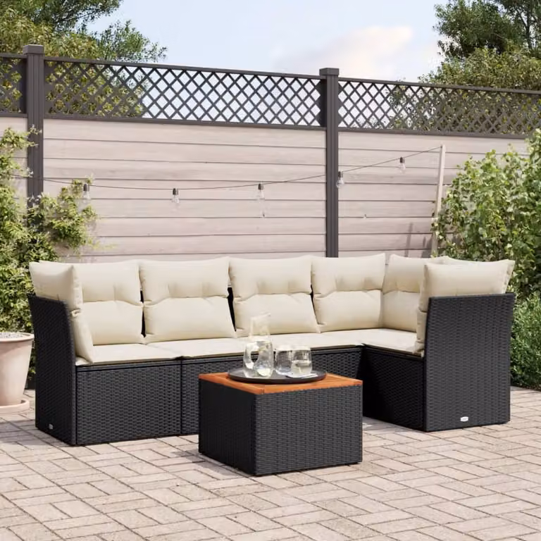 Set Divano da Giardino vidaXL 6 pz in Polyrattan Nero con Cuscini e Tavolino da Caffè