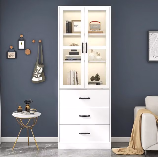 Vetrina alta 200 cm bianca, MDF e vetro con LED e 3 cassetti