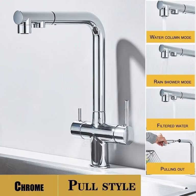 Miscelatore per lavello con filtro dell'acqua - Miscelatore da cucina estraibile - Bocchetta a doppio getto girevole a 360° - Acqua calda e fredda - Installazione monoblocco - Cromato