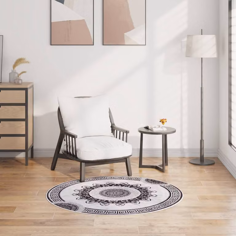 vidaXL Tappeto Rotondo Lavabile Antiscivolo e Assorbente del Suono in Poliestere, Nero, Grigio e Bianco, Diametro: 120 cm