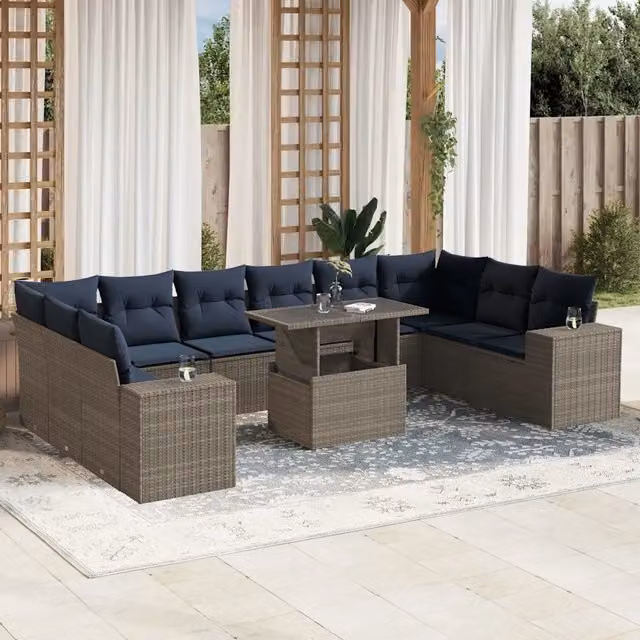Set da giardino moderno vidaXL composto da 11 pezzi con divani a forma di U, tavolino da caffè e cuscini grigi in rattan e metallo – 1