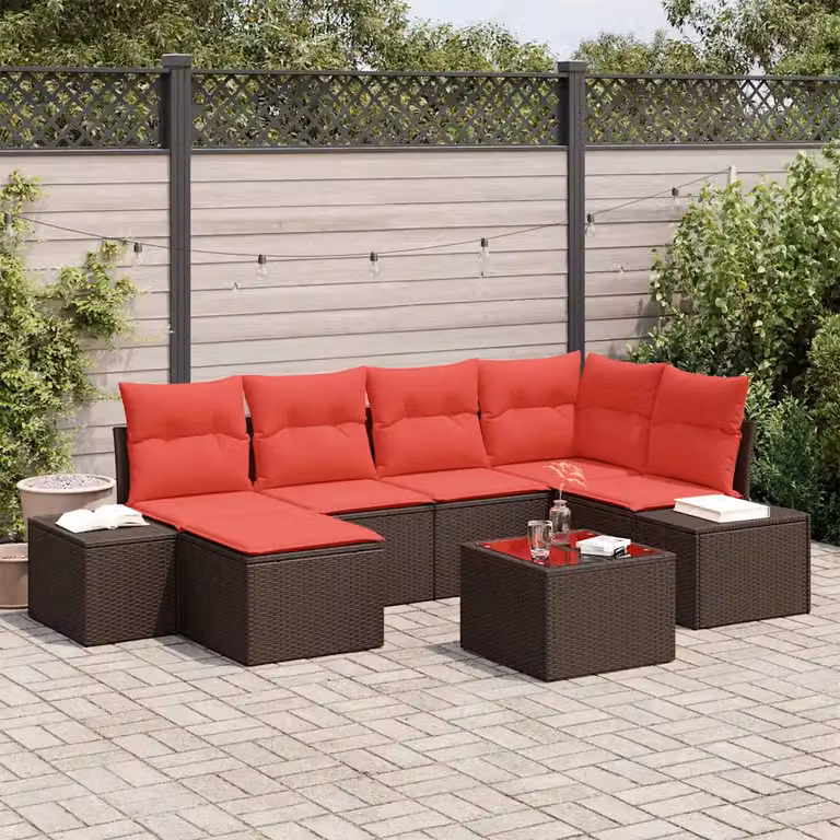 Set Divano da Giardino vidaXL 6 pz a Forma a L con Cuscini Marrone e Rosso