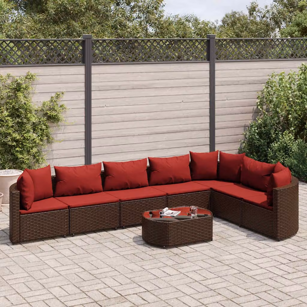Set Divani da Giardino vidaXL 8 pz a Forma a L con Cuscini e Tavolino, Polyrattan Marrone e Rosso con Struttura in Acciaio e Vetro