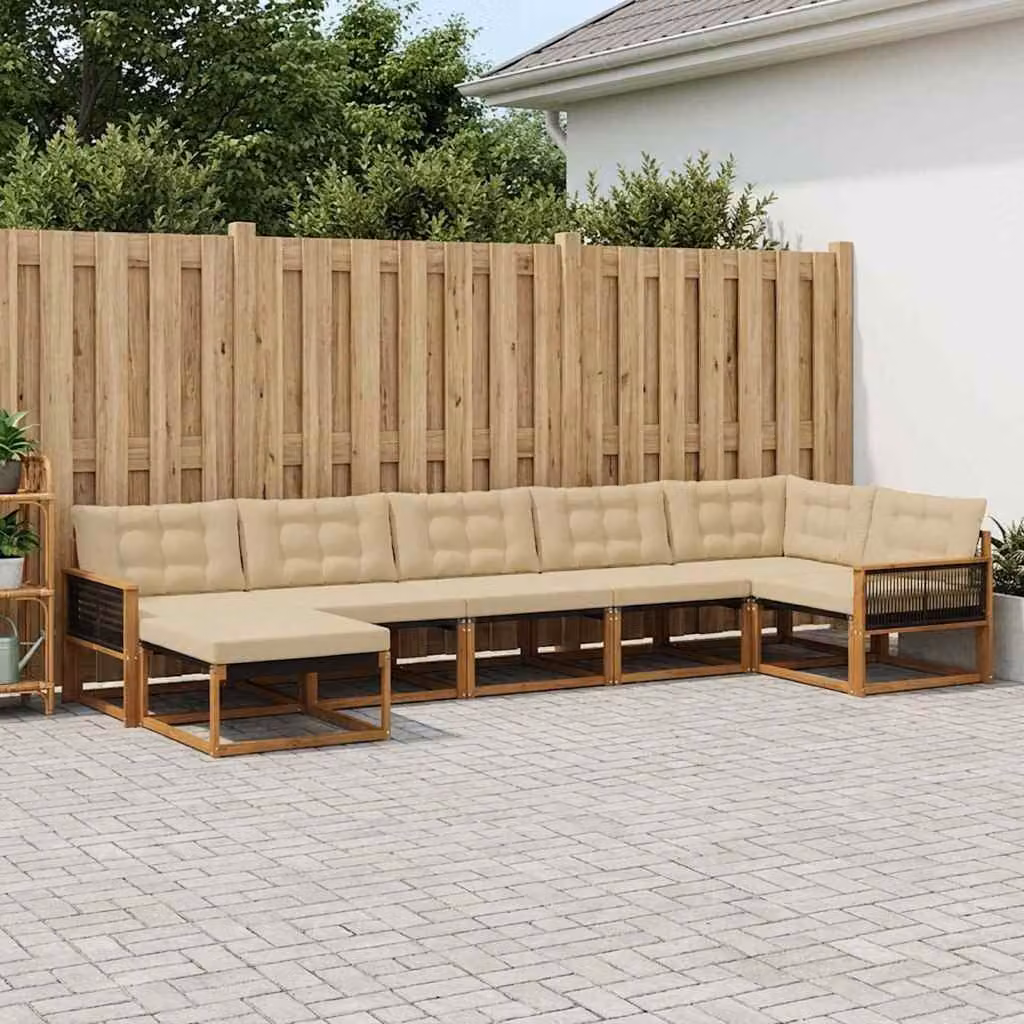 Set di divani da esterno vidaXL a forma di L composto da 7 pezzi in legno di acacia con cuscini beige e marrone per giardino e terrazza