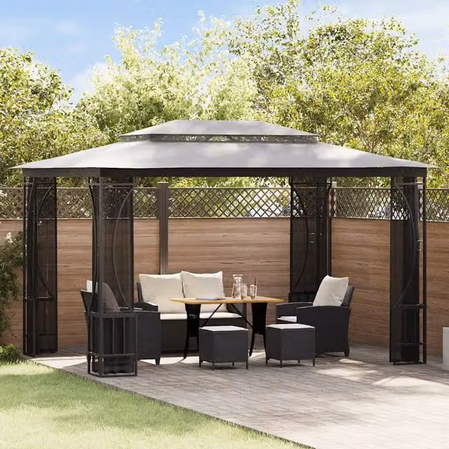 Gazebo con rete vidaXL in acciaio e poliestere colore antracite L/P/H: 300 x 400 x 265 cm