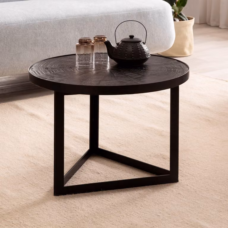 FineBuy Tavolino da caffè 58x58x40 cm Mango Legno massiccio / Metallo Nero Tavolo da divano Tavolo rotondo da salotto Tavolo da caffè industriale da salotto Solido con