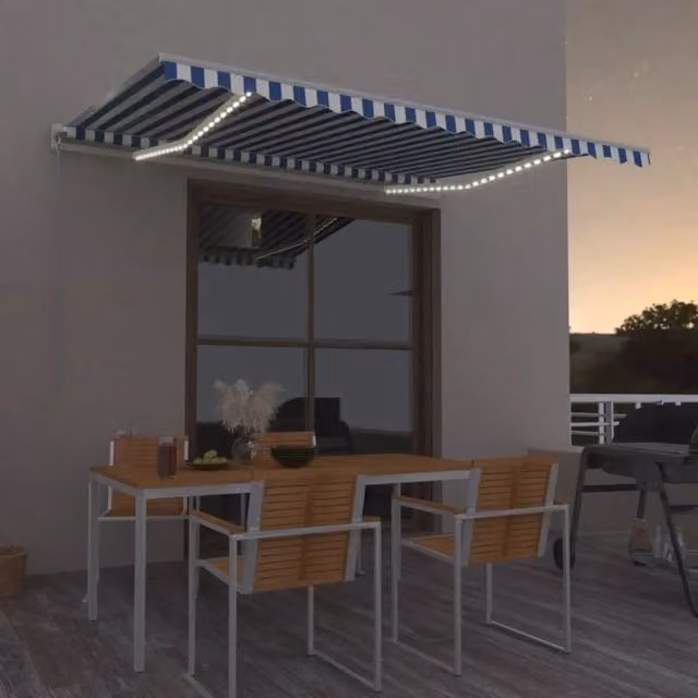Tenda da Sole Retrattile Manuale Videx con LED in Poliestere e Alluminio, Colore Blu e Bianca, L: 450 cm, P: 350 cm