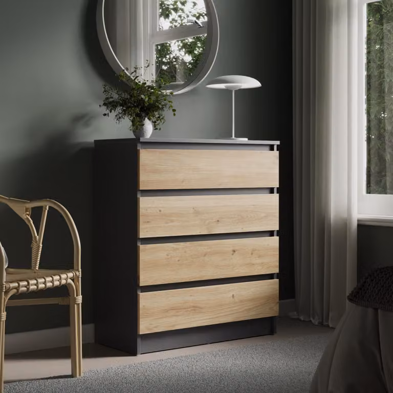 Comodino largo 76 cm con 4 cassetti. Comodino antracite con finitura "artisan-eiche" (rovere artigianale), stretto. Mobile contenitore in legno con cassetti. Mobiletto portaoggetti, mobile bar, mobile TV, ideale per la camera da letto, il soggiorno, il co