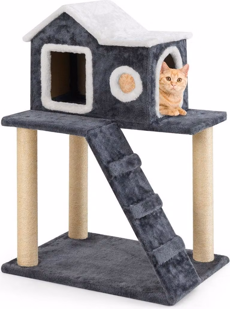 Tiragraffi alto 90 cm con grotta grande, scala e pali in sisal Tiragraffi per gatti, grigio