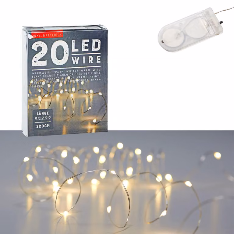 Catena luminosa con 20 LED bianco caldo, filo argentato, 220 cm, con timer