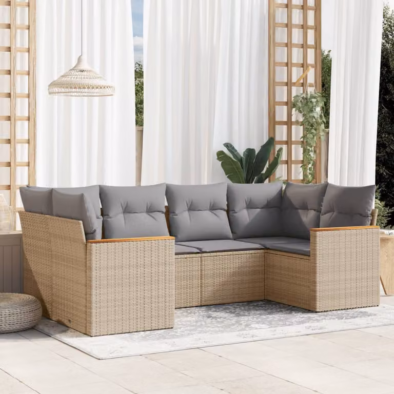 vidaXL Set Divano da Giardino a L composto da 6 pezzi con Cuscini Beige e Grigio in Polyrattan e Acciaio