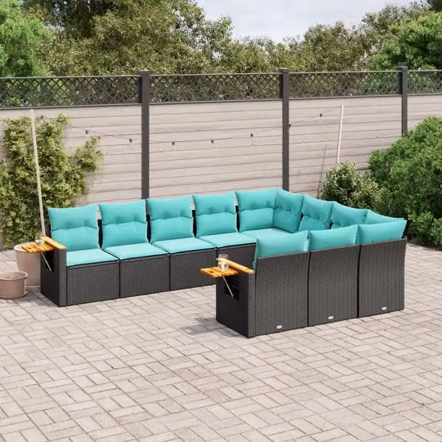 Set Divani da Giardino 10 pz con Cuscini Nero in Polyrattan 3227177