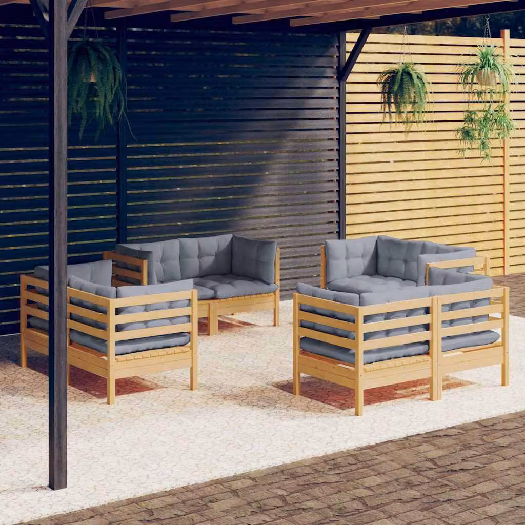 Set di divani da giardino vidaXL a forma di L composto da 8 pezzi in legno massello di pino con cuscini grigi