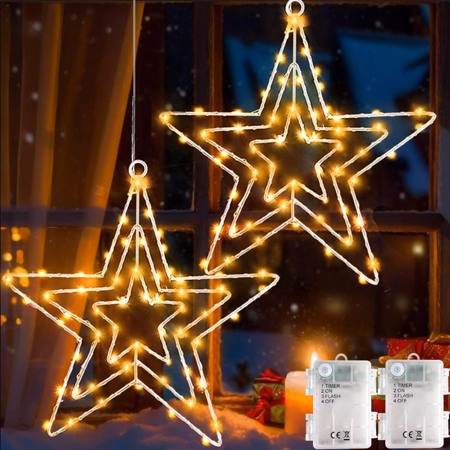 Catena luminosa, set da 2, 75 LED a forma di stella, alimentazione a batteria, luce bianco caldo
