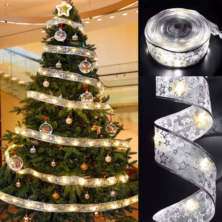 Catena luminosa da 5 metri, con 50 LED, luce bianco caldo, motivo a stelle su entrambi i lati, alimentazione a batteria