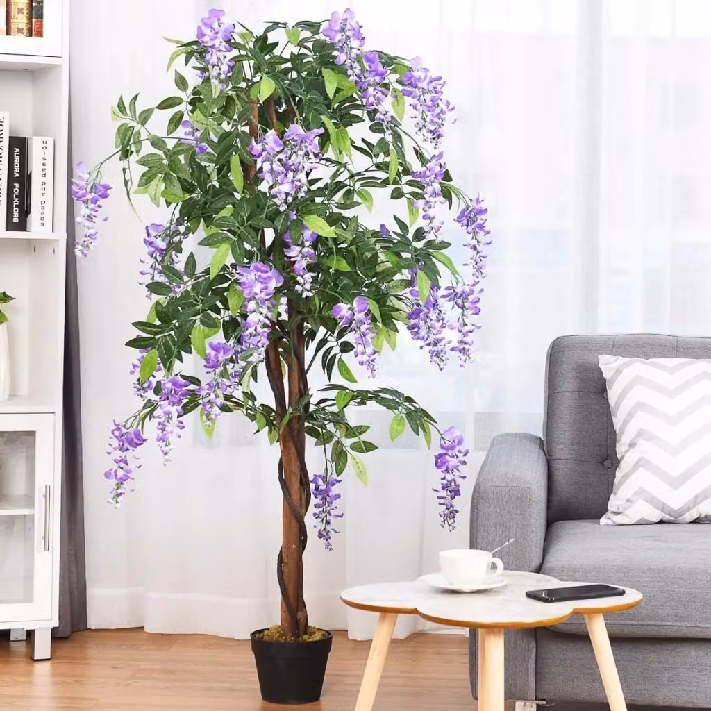 Albero di glicine artificiale viola con fiori decorativi in vaso per arredo interno, Altezza: 150 cm – 2
