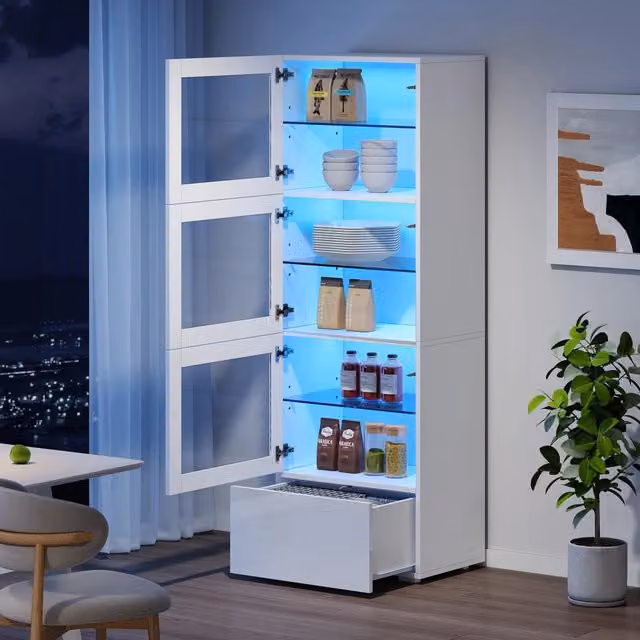 Vetrina OKWISH moderna per soggiorno in MDF e vetro con illuminazione LED, 3 ante in vetro e 1 cassetto, bianco, L: 60 cm, P: 40 cm, H: 173 cm