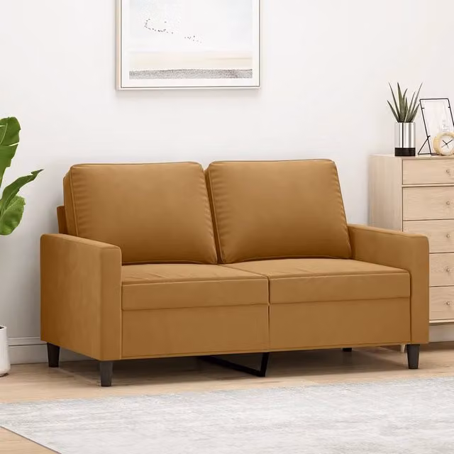 Divano moderno a 2 posti vidaXL in velluto marrone con struttura in metallo e imbottitura in schiuma L: 138 cm, P: 77 cm, H: 80 cm – 1