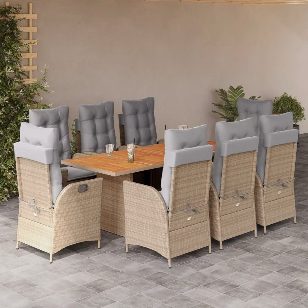 Set Pranzo da Giardino vidaXL in Polyrattan e Legno di Acacia con 9 Pezzi e Cuscini Beige e Grigio – 1