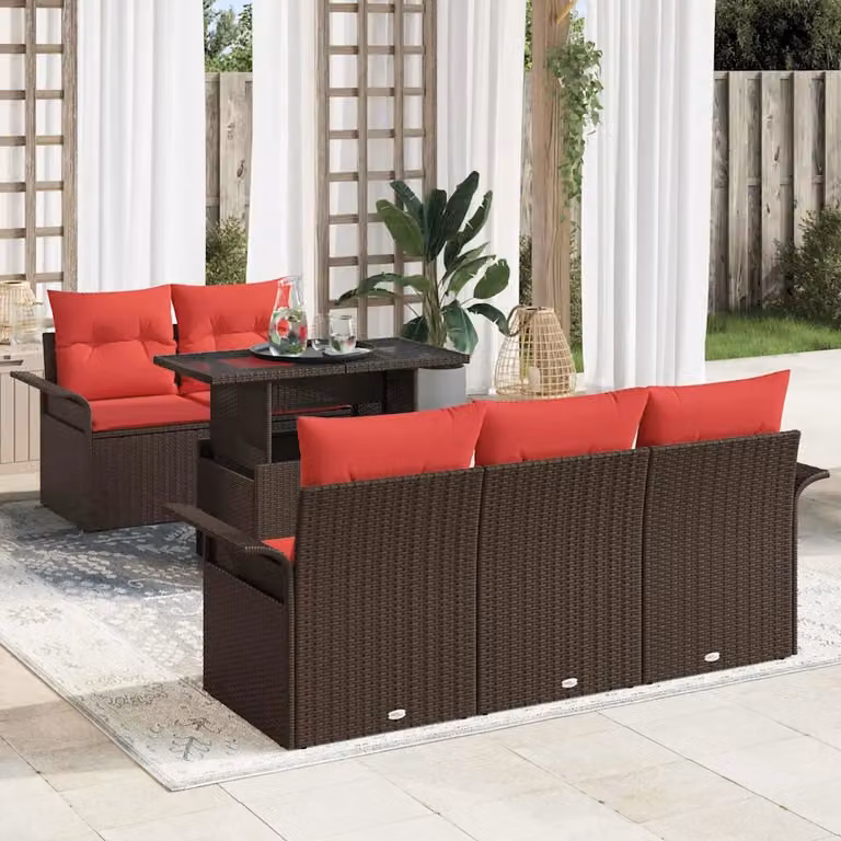 Set Divano da Giardino vidaXL 6 Pezzi a Forma di L con Tavolino e Cuscini, Colore Marrone e Rosso, Struttura in Metallo e Polyrattan