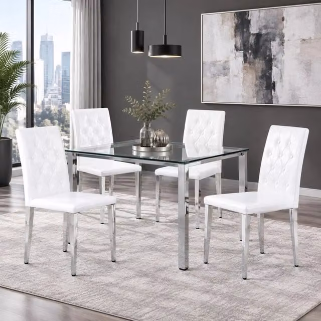 Set 4 sedie da pranzo ULEVR bianche con schienale trapuntato, seduta imbottita e gambe in metallo argento