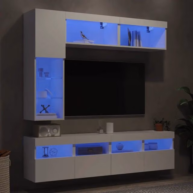 Set di mobili TV da parete vidaXL in legno bianco lucido con luci LED integrate, 7 pezzi