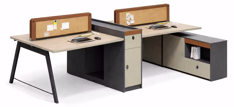 Scrivania moderna per ufficio, adatta a quattro persone, con spazio contenitivo. Scrivania di design