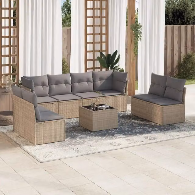 vidaXL Set Divano da Giardino a L in Polyrattan con Cuscini Beige e Tavolino da Esterno 9 pz