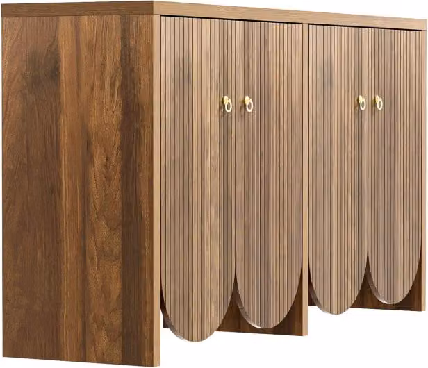 Sideboard in MDF effetto noce, 147×40×80 cm con 4 ante e ripiani regolabili, maniglie in alluminio