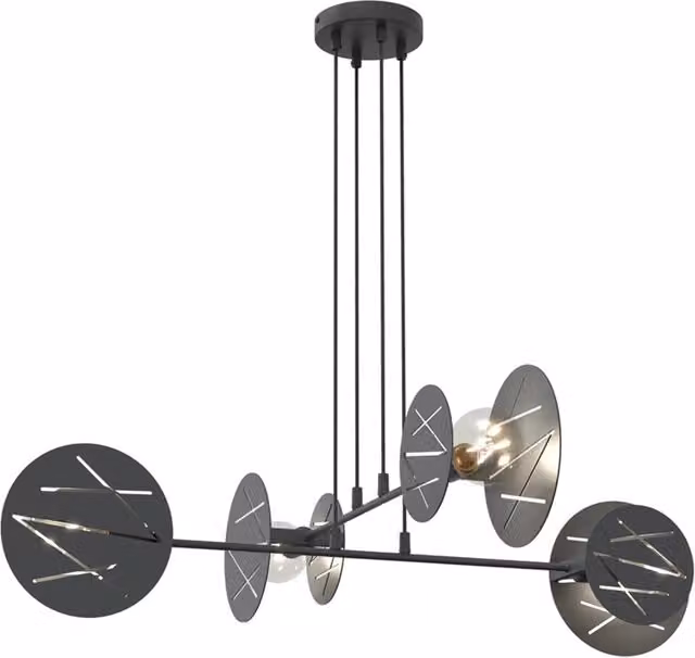 Lampadario 4 Luci Amon-Ra Acciaio Nero A Bracci E Diffusori A Cerchio