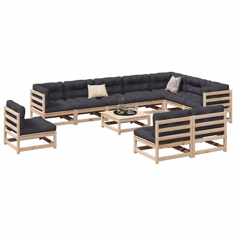 Set di divani da giardino vidaXL in legno massello di pino con cuscini, 11 pezzi, marrone e grigio