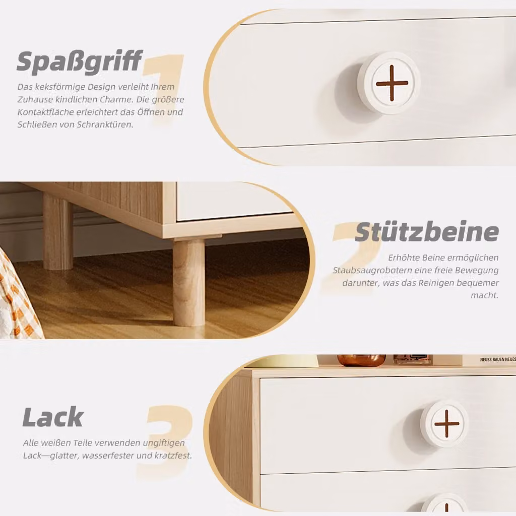 Comodino REDOM in MDF laccato bianco e beige, design minimalista, L: 80 cm, P: 35,2 cm, H: 90 cm – 2