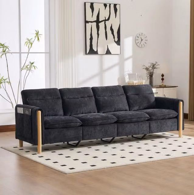 Divano modulare 4 posti in ciniglia nera con 2 pouf contenitore e gambe in legno massello HOMVRA