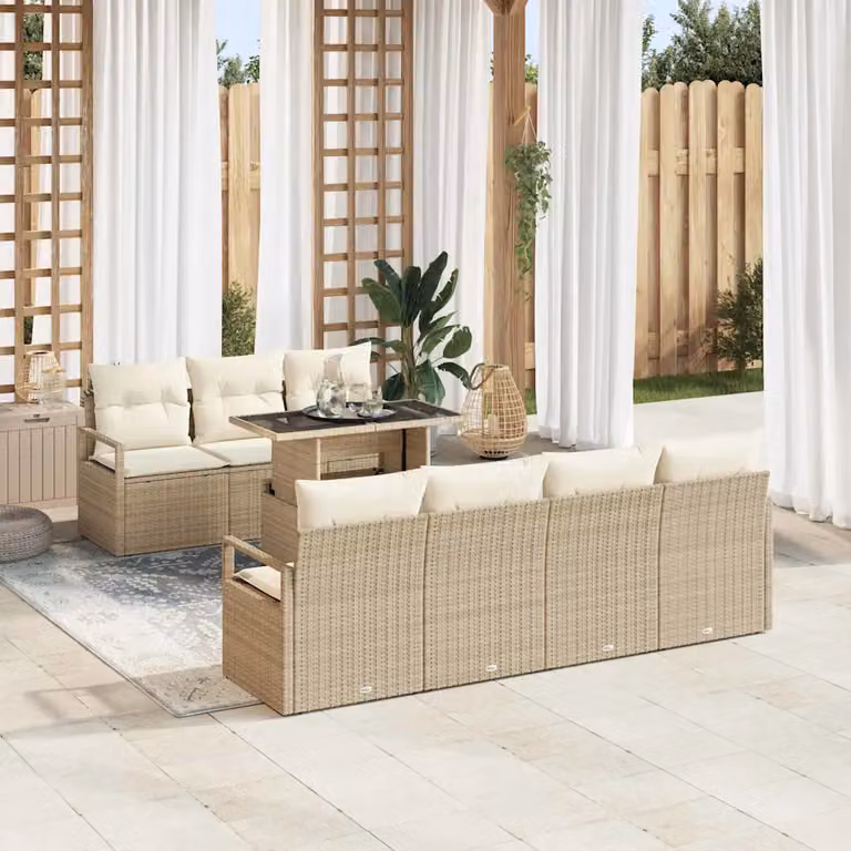 Set Divano da Giardino vidaXL 8 Pezzi a Forma di L con Tavolino, Colore Beige, Struttura in Metallo e Polyrattan con Cuscini Inclusi
