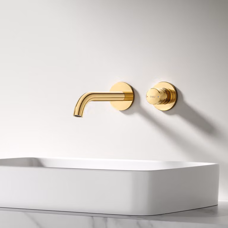 EMKE rubinetto da incasso a parete, orientabile a 360°, rubinetto a 2 fori in ottone per bagno, montaggio a parete per lavabo, 288x210x70 mm, oro champagne
