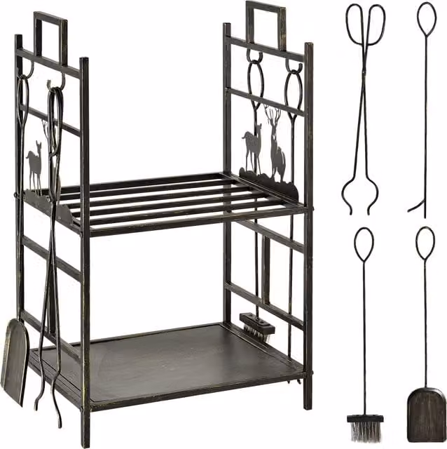 Set da camino Outsunny in ferro battuto con scaffale e accessori, nero e oro – 1