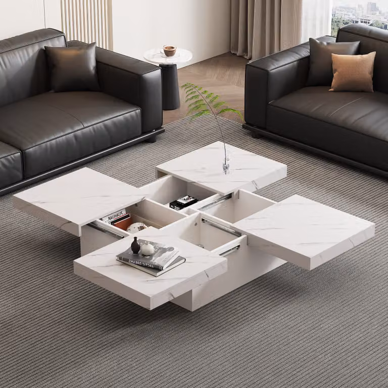 Abrihome tavolino quadrato in marmo con 4 cassetti e piano scorrevole, bianco