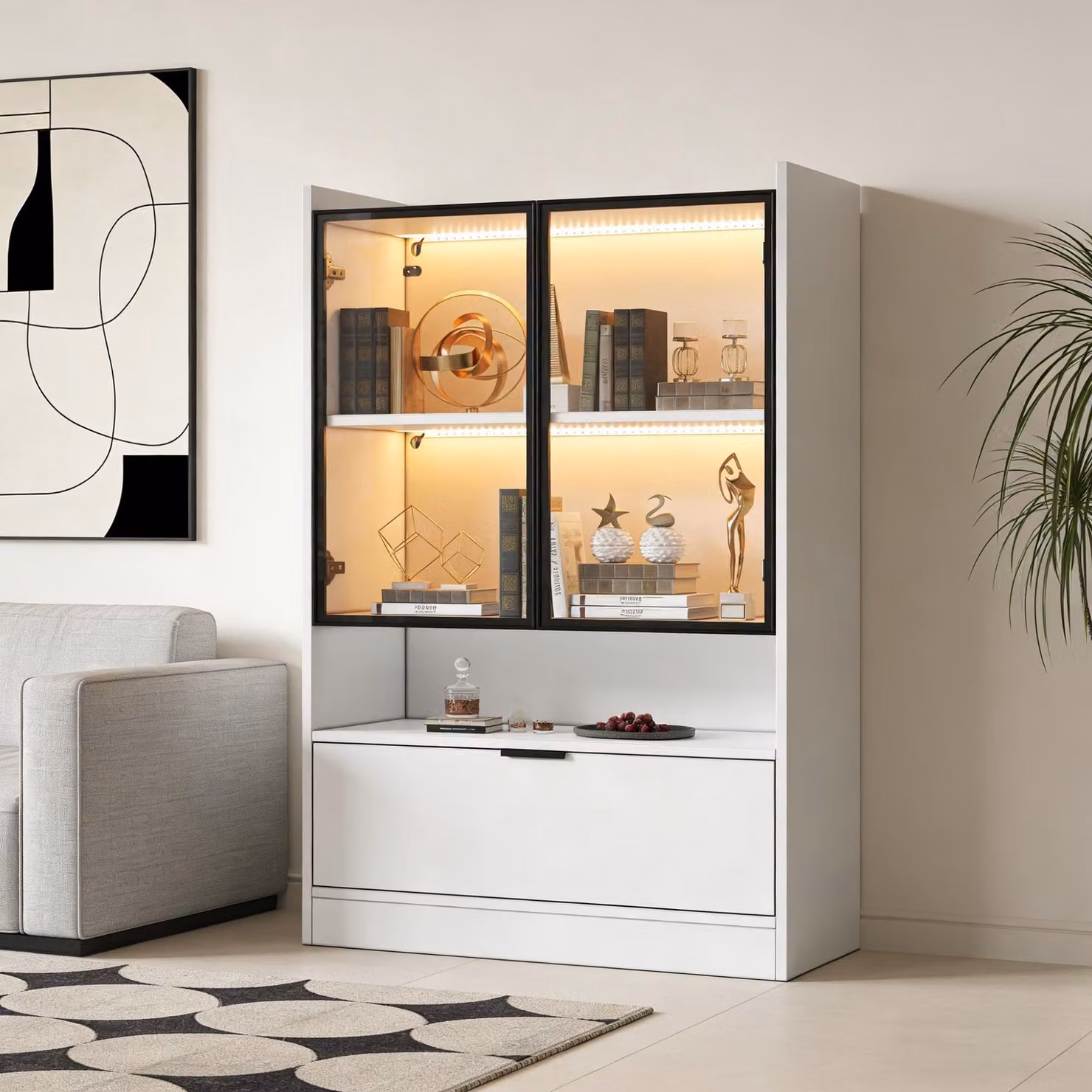 Vetrina moderna Aosom con illuminazione LED integrata e ante in vetro, Bianco, L: 120 cm, P: 40 cm, H: 80 cm – 2