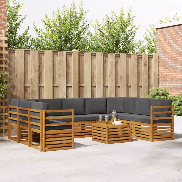 Set di divani da esterno vidaXL in legno di acacia con cuscini, colore naturale e antracite, composizione a forma di U con tavolino da giardino