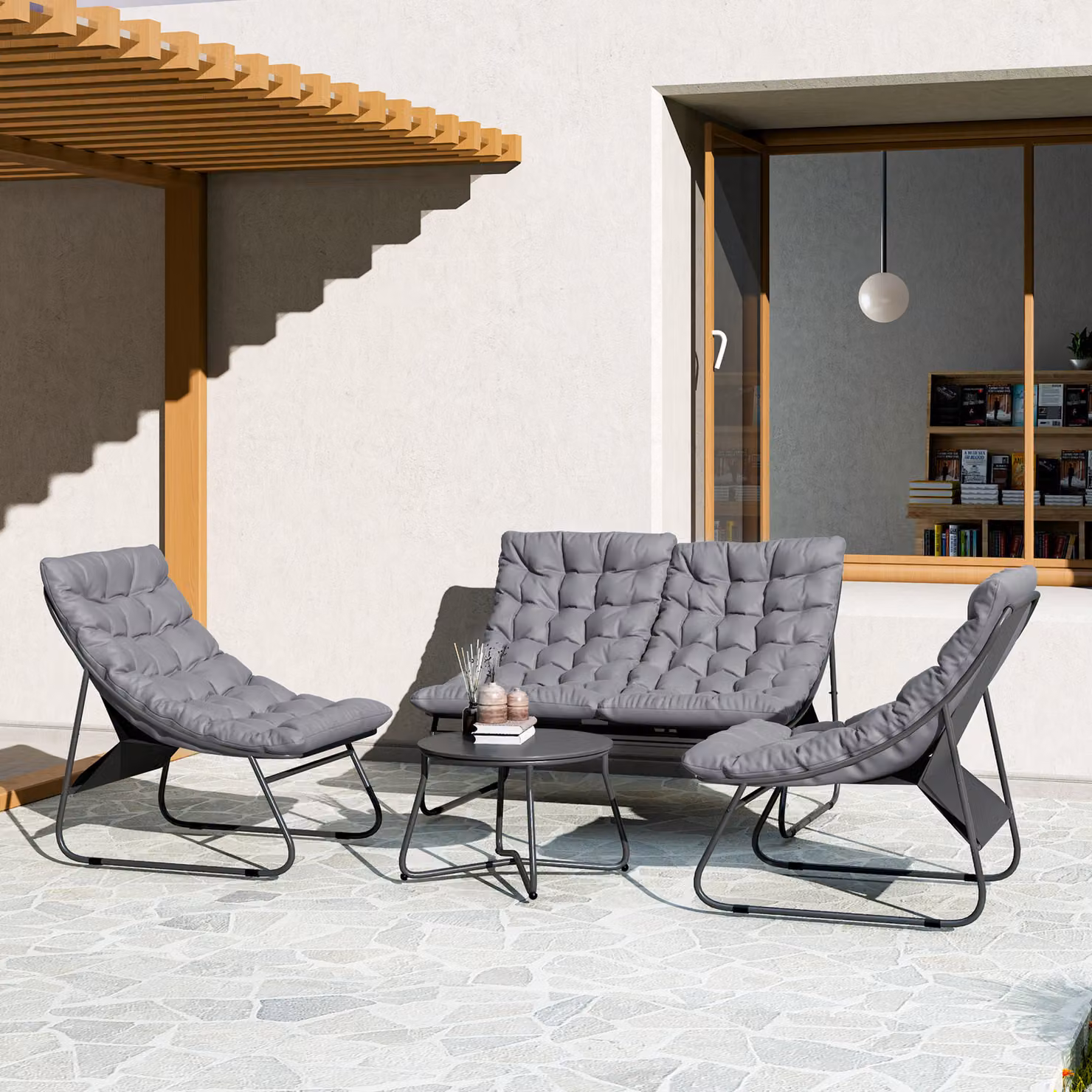 Set da giardino Outsunny per 4 persone con divano a due posti, 2 sedie, tavolino con piano in vetro e cuscini imbottiti, telaio in acciaio grigio – 2
