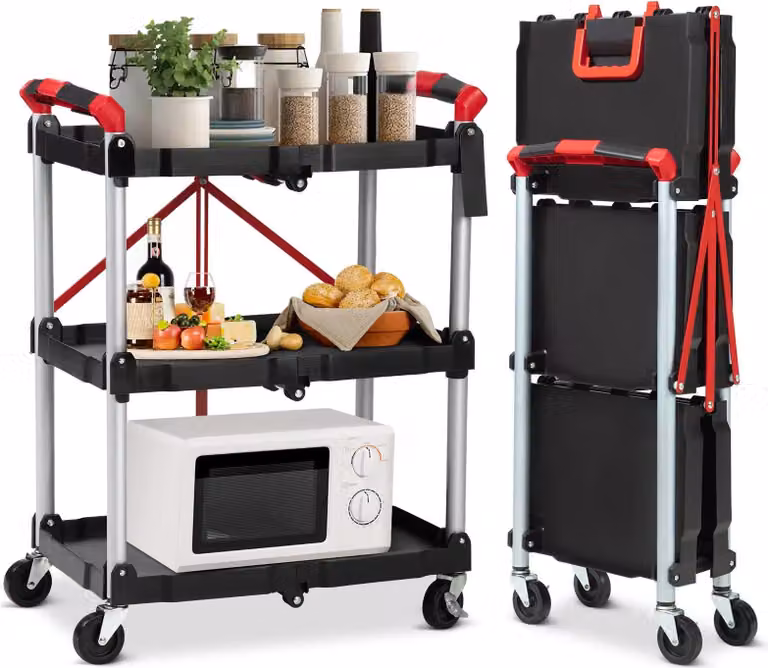 Carrello di servizio/portautensili - Carrello a 3 ripiani - Pieghevole, trasportabile, con rotelle, per magazzino e garage - Nero