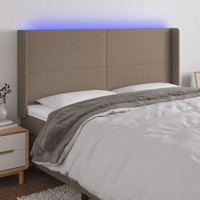 Testiera con LED Design Mania in tessuto beige con porta USB, L: 183 cm, P: 16 cm, H: 118/128 cm