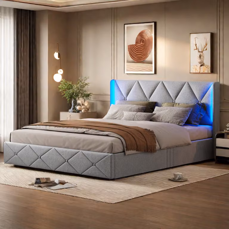 UnboxG Letto imbottito 140x200 cm con rete, illuminazione a LED, rete a doghe e Similcuoio, struttura letto matrimoniale letto per ragazzi, schienale idraulico del letto, grigio
