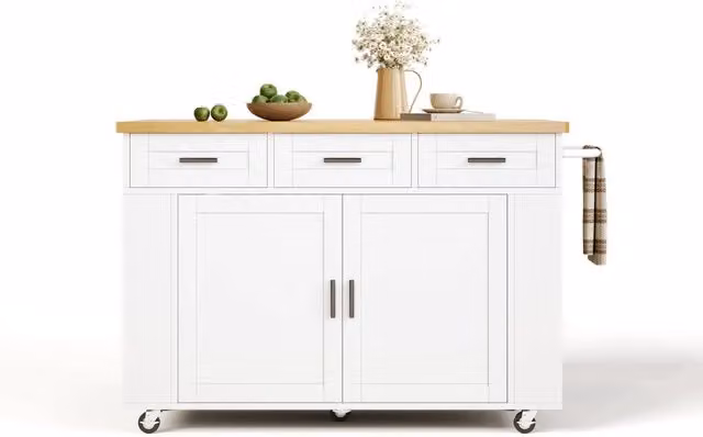 Carrello da cucina moderno Chicfurn bianco con 3 cassetti, 2 vani estraibili, piano ribaltabile e prese integrate in MDF L/P/H: 120 x 70 x 84 cm