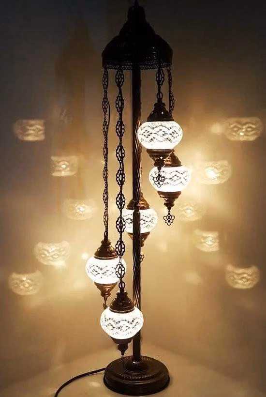 Lampada da terra turca Mosaico 5 sfere - Lampada marocchina realizzata a mano in vetro e metallo, altezza 120 cm