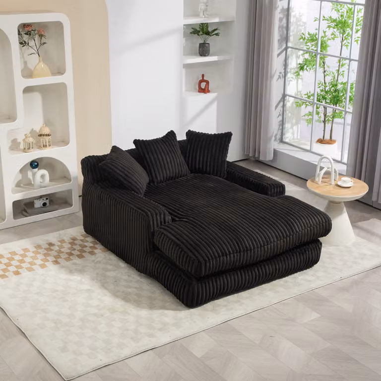 LVHOM Divano Lazy in tessuto a coste con cuscini, divano da terra 125 × 155 × 63 cm, divano letto con memory foam, poltrona chaise longue, nero