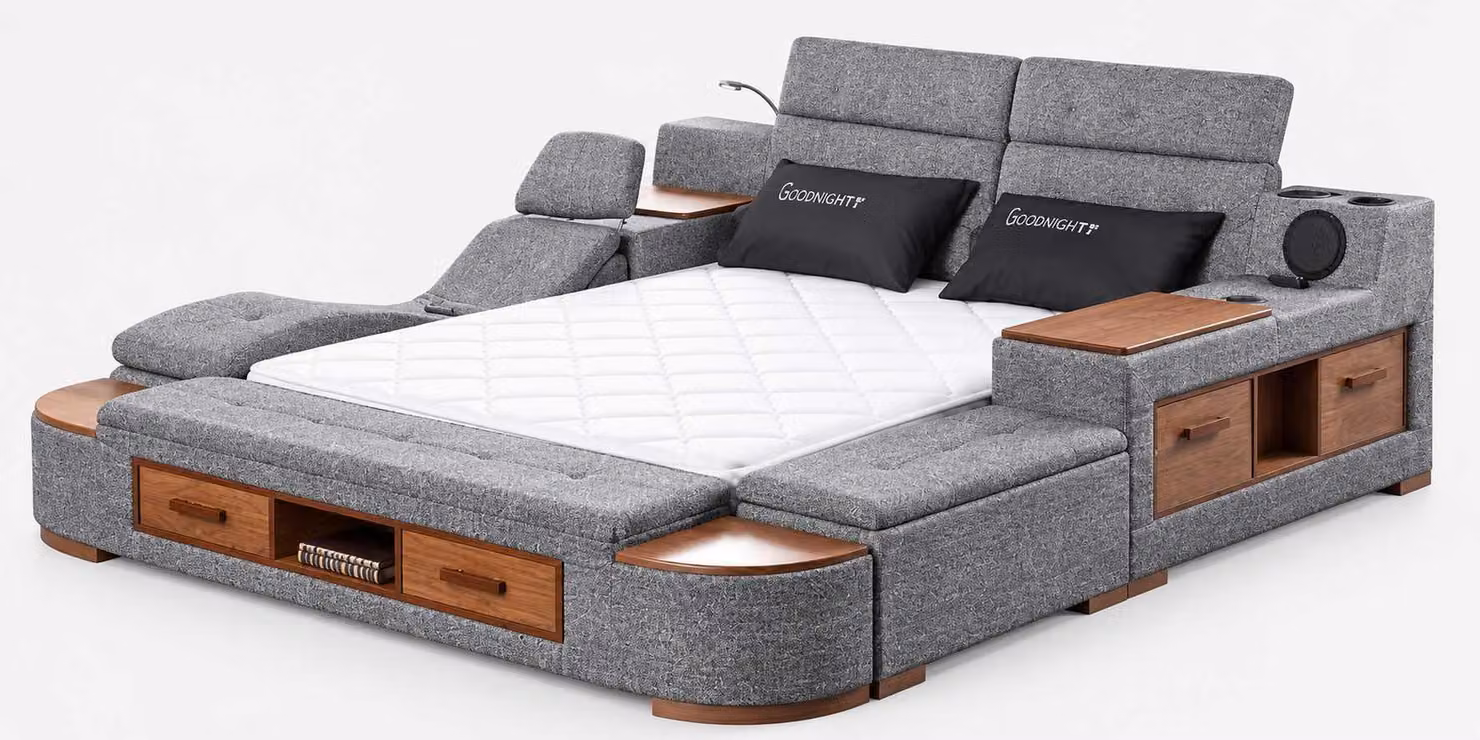 Letto multifunzionale grigio, imbottito, con spazio contenitore, cassetti, dettagli in legno, design moderno
